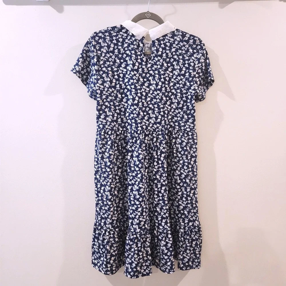 Cottagecore Floral Dress Misia  Vintage Style Preppy Short Sleeve Stretch Navy M